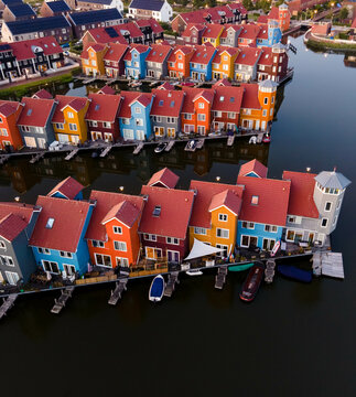 Colourful scandinavian homes at Reitdiephaven in Groningen Netherlands. 