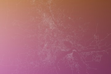 Map of the streets of Bangui (Central African Republic) made with white lines on pinkish red gradient background. Top view. 3d render, illustration