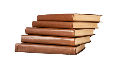 Classic books heap in brown cover isolated on white background. Novels stacked at each other like stairs. Reading, education concept.