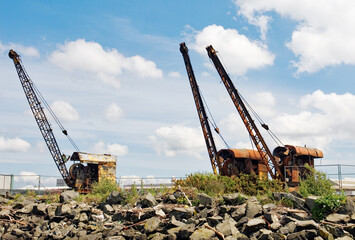 Belfast shipyards, Northern Ireland. Vintage steam powered cranes, survivors from the construction...