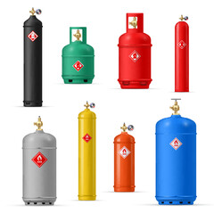 Propane tanks compressed oxygen dangerous gas cylinder set realistic vector illustration