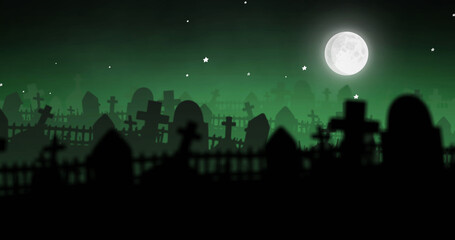 Fototapeta na wymiar Image of halloween cemetery and full moon on green background