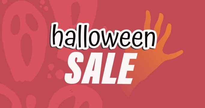 Image of halloween sale text in white, over zombie hand and ghosts, on red background
