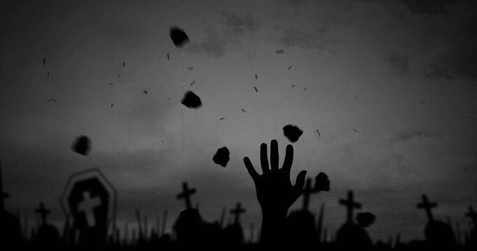 Image of halloween hand, bats and cemetery on grey background
