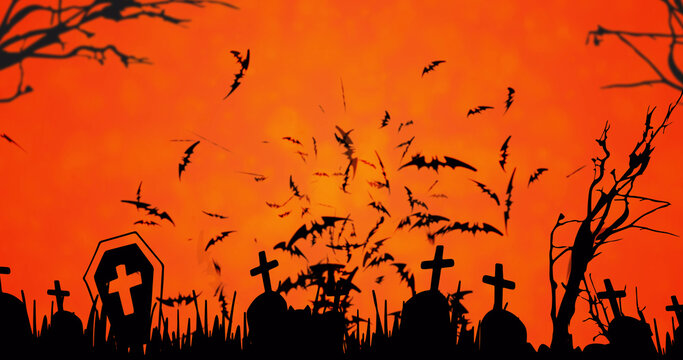 Image of flying bats and halloween cemetery on orange background