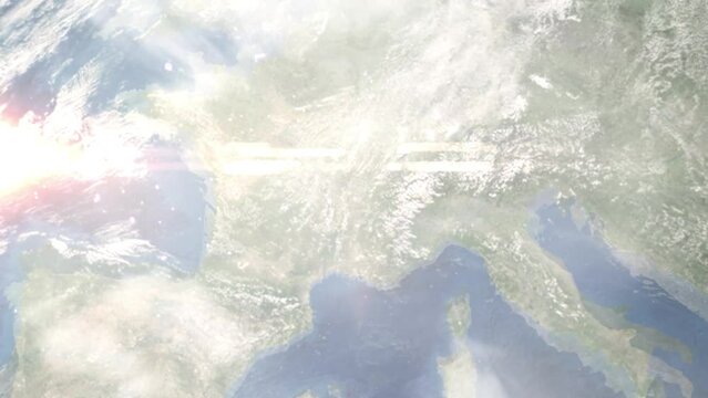 Earth zoom in from outer space to city. Zooming on Venicieux, France. The animation continues by zoom out through clouds and atmosphere into space. Images from NASA