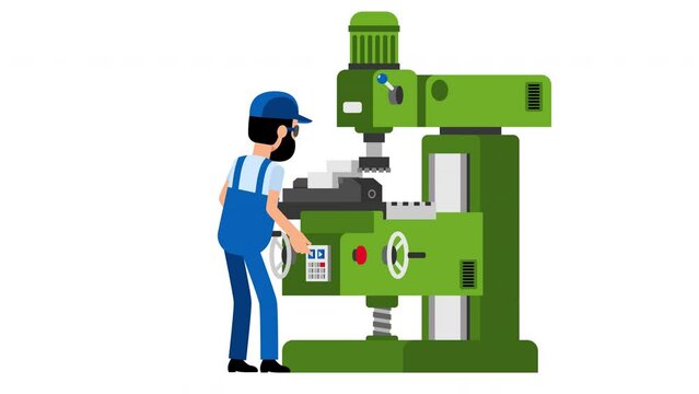 Worker processes part on milling machine. Factory worker cartoon.