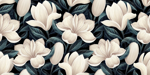 Premium wallpaper, mural art. Floral seamless pattern, magnolia flowers, tropical design in dark blue colors. Watercolor 3d illustration. Baroque style, digital paper. Modern background, texture - 525839795