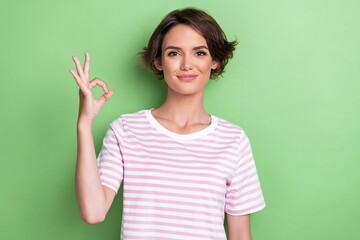 Photo of optimistic young lady show okey wear white striped t-shirt isolated on green color background