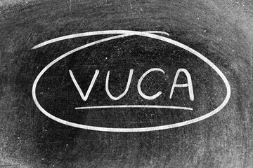 White chalk hand writing in word VUCA (abbreviation of Volatility, uncertainty, complexity and...