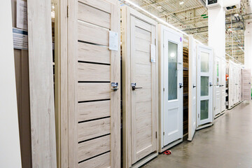 entrance and interior doors in the warehouse of the hardware store. 