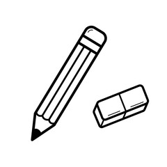 Pencil and eraser. School supplies. Tool for drawing. Hand drawn sketch icons. Isolated vector illustration in doodle line style.