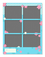 pink Japan sakura on blue kawaii cute automatic sticker photo booth vector frame