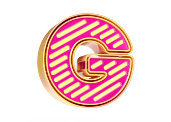 Obraz premium Shiny and bright lettering character G in golden yellow and pink color scheme. Illustration suitable for promotion texts, prints, ads and web projects. High quality 3D rendering.