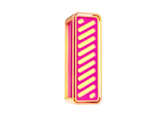 Neon typeface 3D alphabet letter I in golden yellow and pink color scheme. Illustration suitable for promotion titles, flyers, ads or web projects. High quality 3D rendering.
