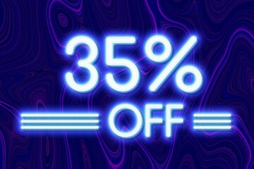 White neon inscriptions off 35 of discounts on a blue art background Price labele sale promotion market. special retail