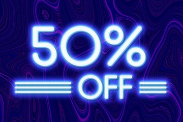 White neon inscriptions off 50 of discounts on a blue art background Price labele sale promotion market. banner purchase