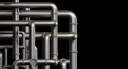 Steel pipes. Pipeline on black background. Tangled pipes for supplying water or gas. Place for inscription. Concept services for installation and repair of pipelines. Gray pipes. 3d rendering.