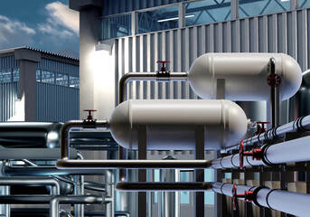 Chemical production. Pipes next to production building. Equipment for processing of chemical products. Chemical industry. Processing toxic substances. Steel pipeline in evening weather. 3d rendering