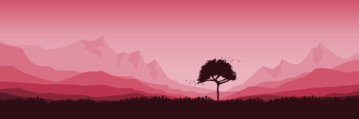 mountain landscape with tree silhouette flat design vector illustration good for web banner, ads banner, tourism banner, wallpaper, background template, and adventure design backdrop