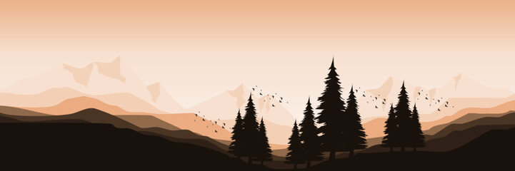 mountain landscape with tree silhouette flat design vector illustration good for web banner, ads banner, tourism banner, wallpaper, background template, and adventure design backdrop