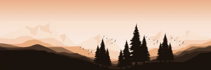 Fotobehang berglandschap met boom silhouet platte ontwerp vectorillustratie goed voor webbanner, advertenties banner, toerisme banner, behang, achtergrond sjabloon en avontuur ontwerp achtergrond © FahrizalNurMuhammad