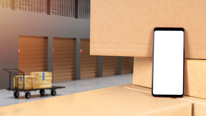 Phone application. Smartphone mockup on boxes. Warehouse mock up. Mobile phone with blank white screen. Website gadget template. Place for app warehouse. Business warehouse. Art Blurred. 3d image