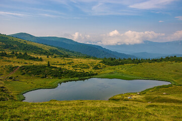 Beautiful mountain lake Apshinets on the Svidovets ridge in the Carpathian mountains of Ukraine