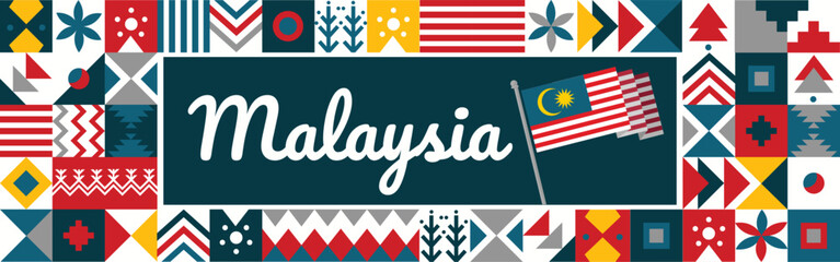 Naklejka premium Malaysia National day or Hari Merdeka banner with retro abstract geometric shapes. Malaysian flag. Red blue scheme with traditional icons signs. Kuala Lumpur landmarks. Vector Illustration.