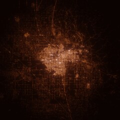 Bakersfield (California, USA) street lights map. Satellite view on modern city at night. Imitation of aerial view on roads network. 3d render