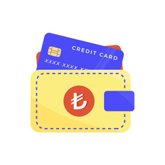 Wallet icon with card and turkish lira symbol. Turkish lira money. Flat style sign for mobile concept and web design. digital wallet symbol illustration. Yellow blue Wallet, card with Turkish lira