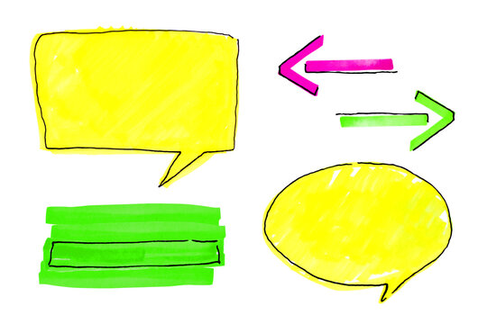 Back to school felt pen, highlighter check list of neon, yellow, green and pink felt tip pens, speech bubble and arrows on white background