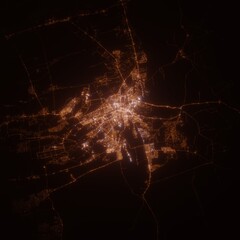 Al Ain (UAE) street lights map. Satellite view on modern city at night. Imitation of aerial view on roads network. 3d render
