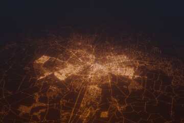Aerial shot on Grodno (Belarus) at night, view from east. Imitation of satellite view on modern city with street lights and glow effect. 3d render