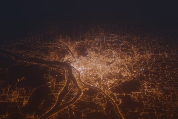 Aerial shot of Phnom Penh (Cambodia) at night, view from north. Imitation of satellite view on modern city with street lights and glow effect. 3d render