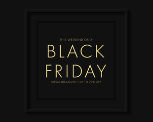  Black Friday sale banner. Shiny golden text in frame with glitter and confetti. Luxury dark background. Black Friday advertising, special offer and sale. Banner and poster, brochure and flyer design