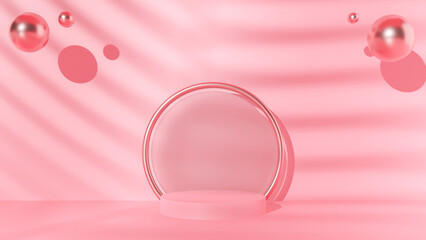 3D of Circle podium pink pastel color with Mirror and sphere rose gold and palm leaf shadow. Mock-up showcase for product branding banner and cosmetics product. Product presentation minimal.