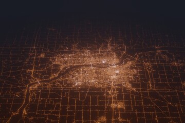 Aerial shot of Davenport (Iowa, USA) at night, view from north. Imitation of satellite view on modern city with street lights and glow effect. 3d render