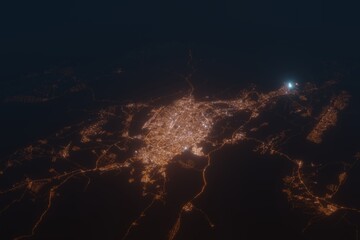 Aerial shot on Shiraz (Iran) at night, view from east. Imitation of satellite view on modern city with street lights and glow effect. 3d render