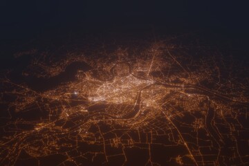 Aerial shot of Kaunas (Lithuania) at night, view from north. Imitation of satellite view on modern city with street lights and glow effect. 3d render
