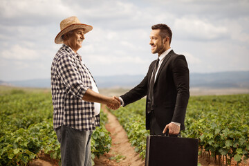 Farmer shaking hands with a businessman on a vineyard
