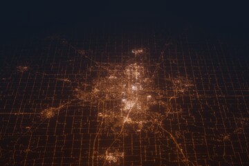 Aerial shot on Lansing (Michigan, USA) at night, view from east. Imitation of satellite view on modern city with street lights and glow effect. 3d render