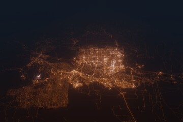 Aerial shot on Albuquerque (New Mexico, USA) at night, view from west. Imitation of satellite view on modern city with street lights and glow effect. 3d render