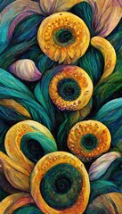Fototapeta na wymiar Abstract mother of pearl flowers in flamboyant rainbow colors, fabulous abalone ammonite shell spirals and swirls - a collection of art for the eccentric. 