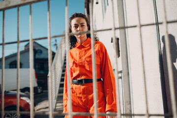 Young brunette curly woman in orange suit. Female in colorful overalls portrait