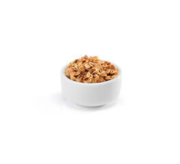 Granola inside a white ramekin, isolated on white, for mock ups and photo montages