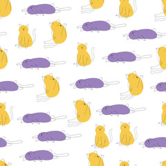 cats pattern with yellow and purple line art animals. Vector