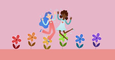 Digitally generated image of lesbian couple jumping over flowers against pink background