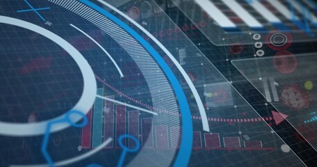 Multiple exposure of graphs and various signs with digital circles, copy space