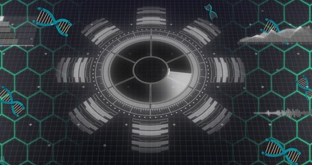 Digital composite image of circular pattern with dna and hexagon shape, copy space